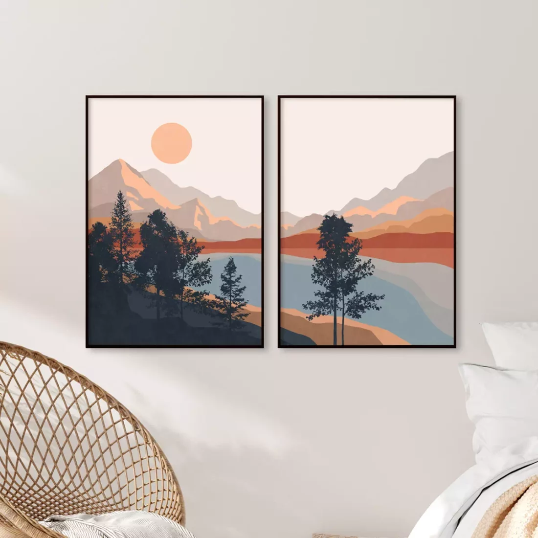 Набор из 2 постеров минималистический пейзаж с солнцем арт
