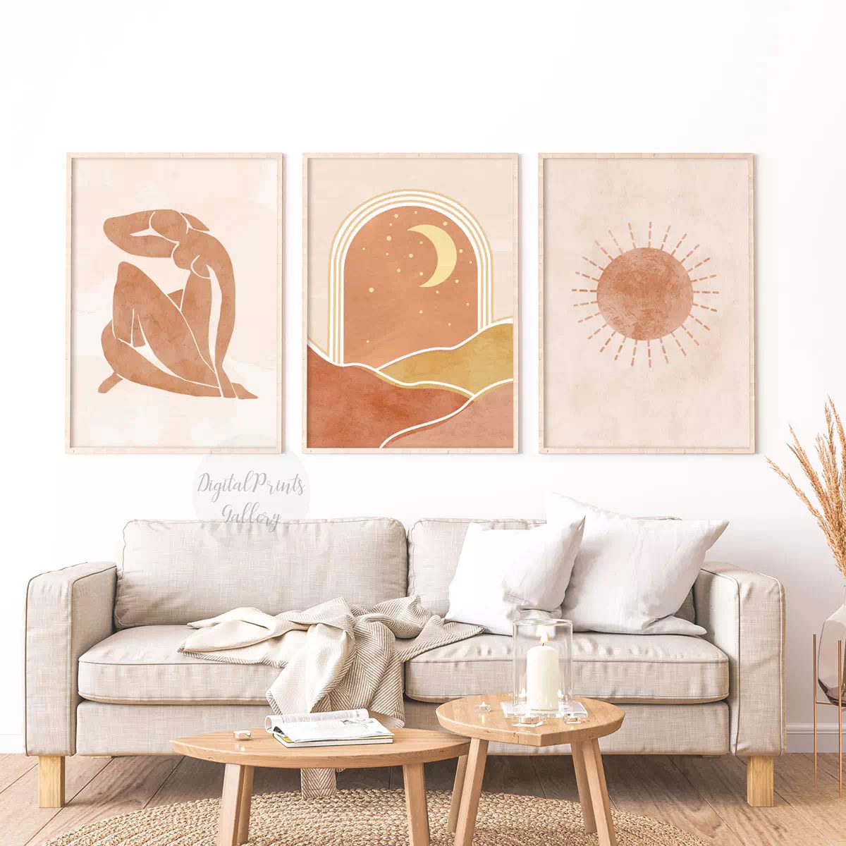 sun and moon art set of 3, boho wall art print, digital download terracotta sun matisse