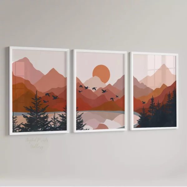 оранжевый закат пейзаж горы и озеро минимализм 1