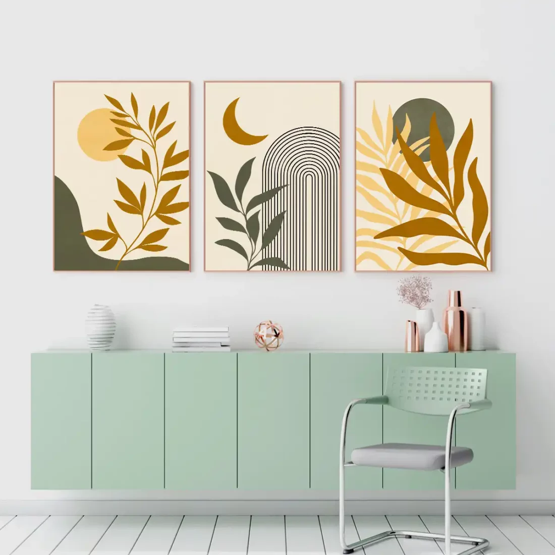 Boho botanical art, minimal abstract wall art, print set of 3