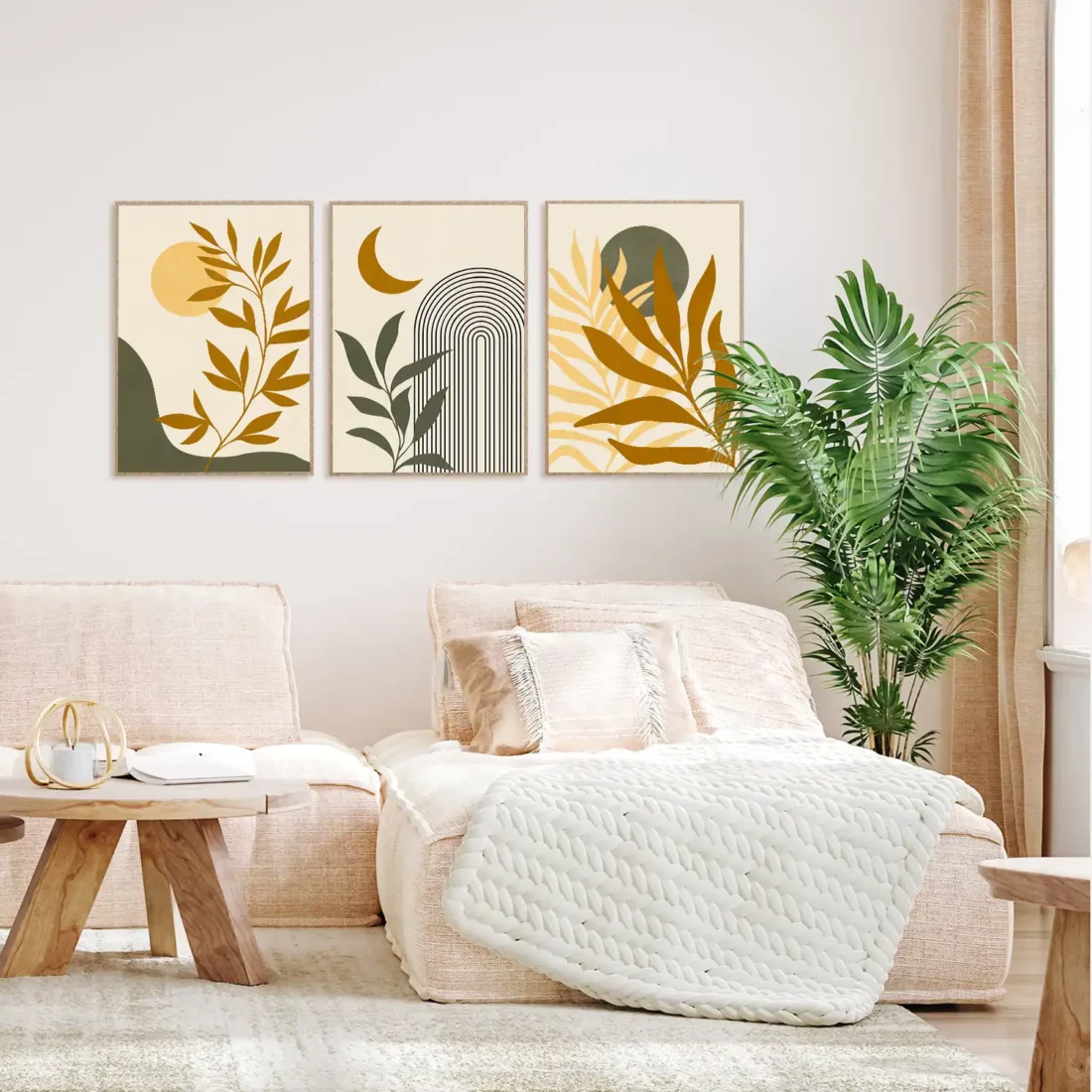 Boho botanical art, minimal tropical abstract wall art, print set of 3, green and yellow art print